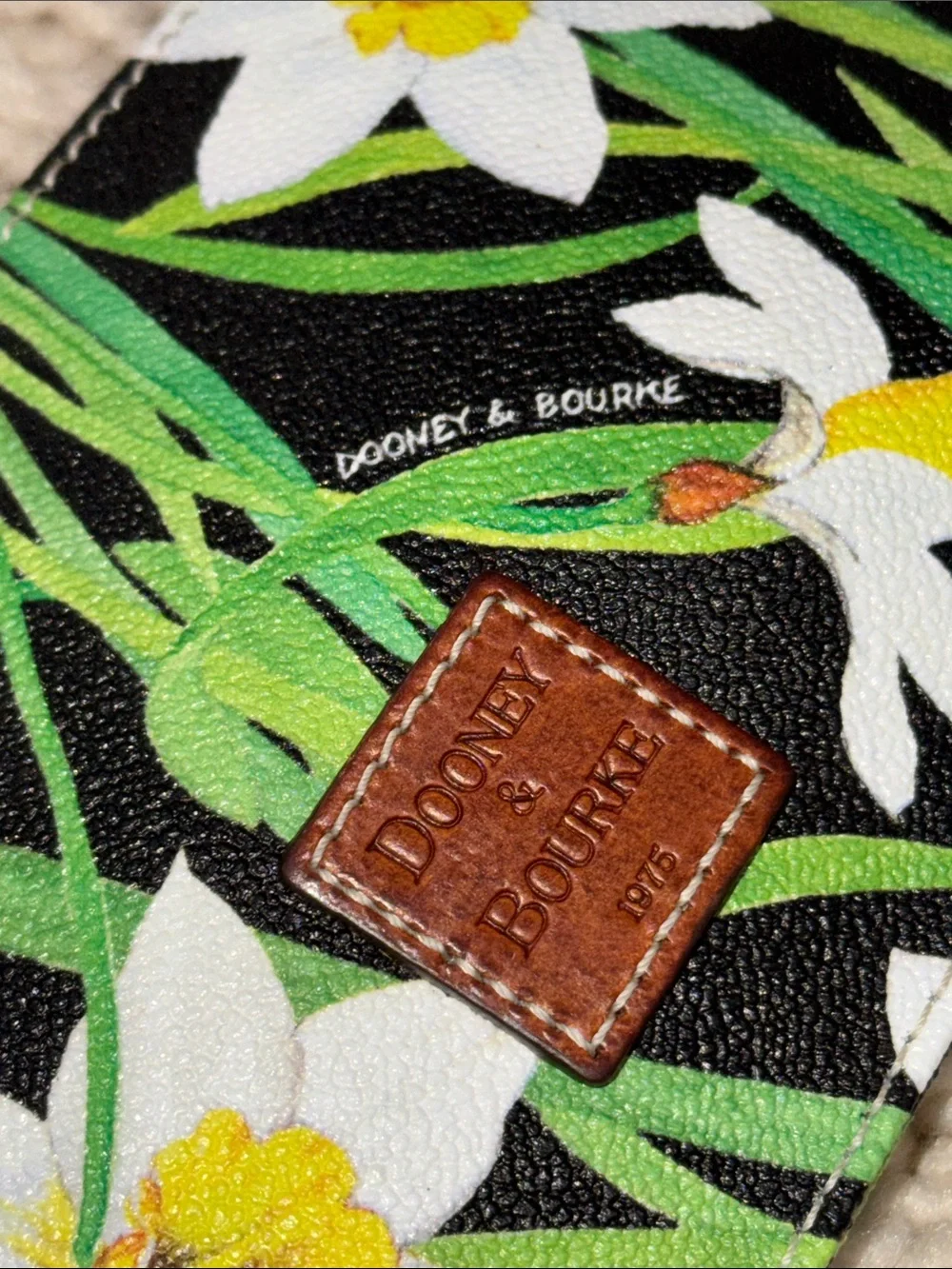 Dooney & Bourke Black Floral Card Holder Wristlet with Tan Strap